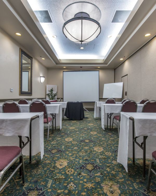 A conference room setup with rows of tables and chairs facing a white screen, framed mirrors, soft lighting, and a patterned carpet.